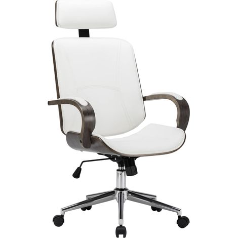 Silla de ordenador silla de oficina estudio con reposacabezas en piel sintética y madera blanca (1/5)
