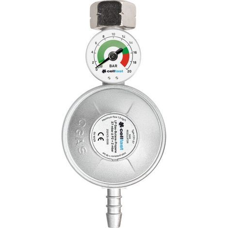 Regolatore di pressione per gas propano-butano con manometro – Pressione in ingresso 0,3-16 bar – Pressione in uscita 37 mbar – Portata 1,5 kg/h