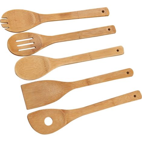 5 pièces Ustensiles Cuisine Bois Naturel et Spatules Bois pour Poêles Antiadhésives et Facile à Nettoyer (1/5)