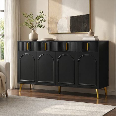 Aparador 140 x 38 x 82 cm con 4 puertas y 4 cajones, MDF negro DESVIAE (1/5)