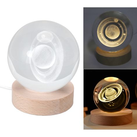 Boule de cristal Saturne 3D illuminée, veilleuse sculptée en bois, décoration de bureau, boule de cristal de 8 cm + base de 7 cm, lumière chaude Saturne (1/5)