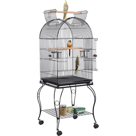 Yaheetech Gabbia Voliera per Uccelli pappagalli con Carrello e Tetto Apribile in Metallo e Legno Nera 59 x 59 x 150 cm (1/5)