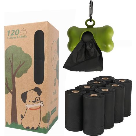 8 Rouleaux Noirs Solides Sacs à Déchets Biodégradables pour Animaux de Compagnie + Distributeur d'Os, Amidon de Maïs PLA Compostable Poop Pickup Doggie Bags (1/5)