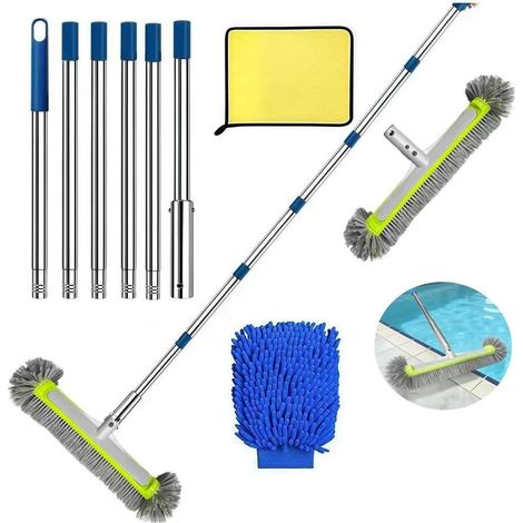 1 Brosse Piscine, Tige Télescopique 230cm, Acier Inoxydable, Poils PP, Nettoyage Paroi Et Fond