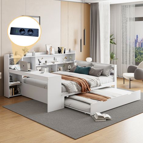 Divano letto in legno 140x200 cm con letto aggiuntivo, scrivania, libreria e presa USB, bianco, senza materasso (1/5)
