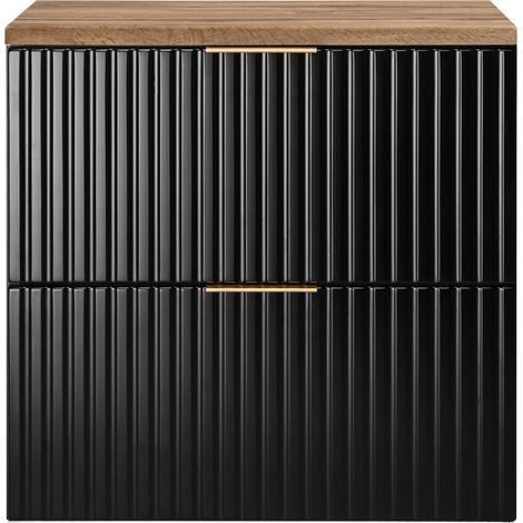 Furnidea - Meuble sous vasque à suspendre FLOW noir avec le plan chêne wotan 60 cm - 2 tiroirs - façades rainurées (1/5)