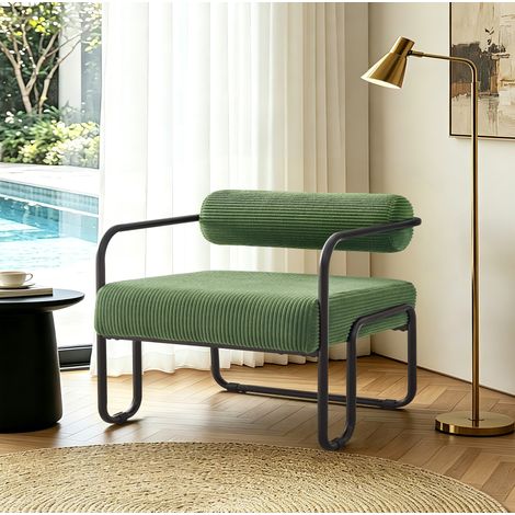 Poltrona lounge moderna in corduroy verde con struttura in metallo nero 68,5×73×70,5 cm (1/5)