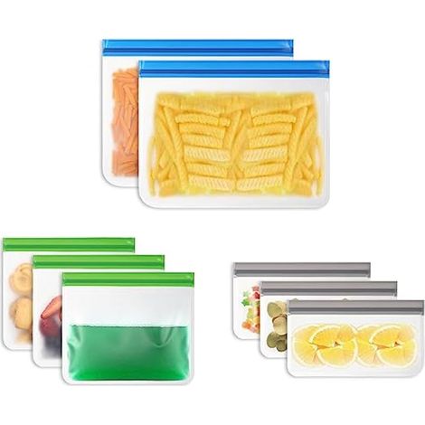Sachets alimentaires, lot de 8 sacs de congélation réutilisables avec zip, petit/moyen/grand, sacs de rangement réutilisables, sacs en silicone, sacs de congélation pour fruits, snacks, sandwichs (1/5)