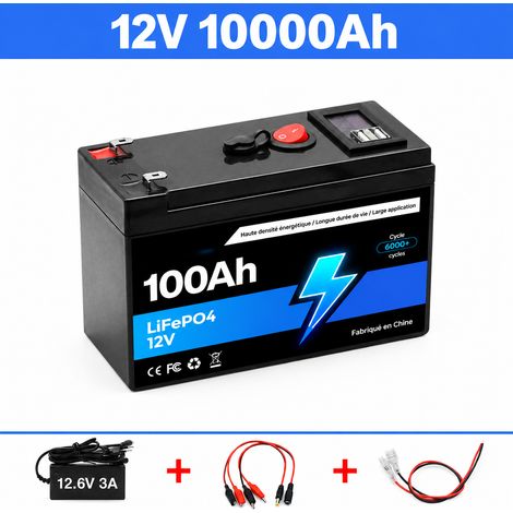 Batterie Lithium 12V-100AH avec Chargeur, Câbles à Pinces Crocodiles et Câbles à Bornes 150mm64mm95mm Noir – 15 × 6,4 × 9,5 cm – Livraison gratuite (1/5)
