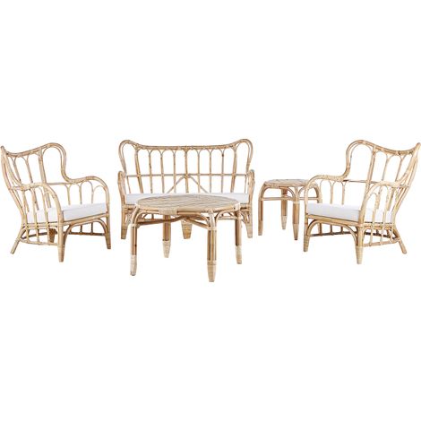 Conjunto de jardín de ratán natural beige 2 mesas 2 sillones sofá con cojines boho Brindisi