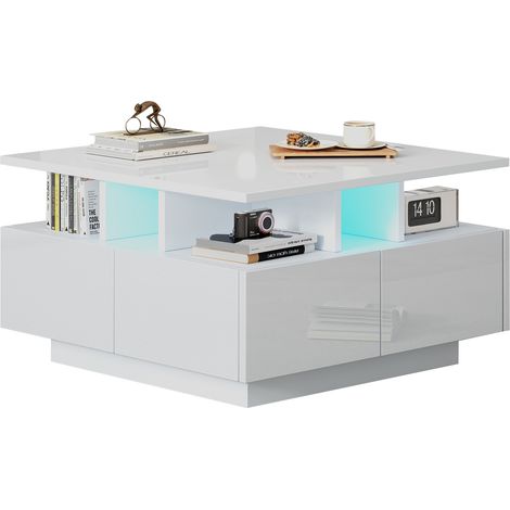 Mesa de centro blanca con LED y 4 cajones 70 x 70 x 40 cm HOMVRA (1/5)
