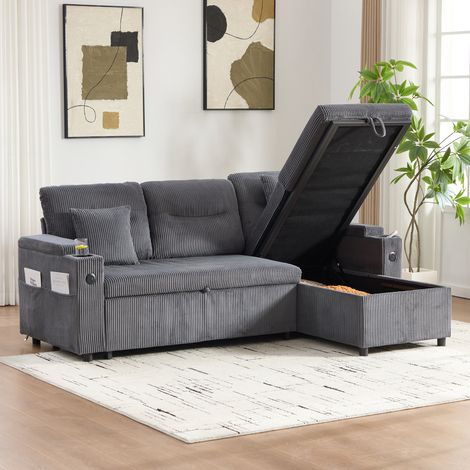 DESMIU Canapé convertible 3 places avec rangement, ports USB-C et lit tiroir en corduroy Gris carbone (1/5)