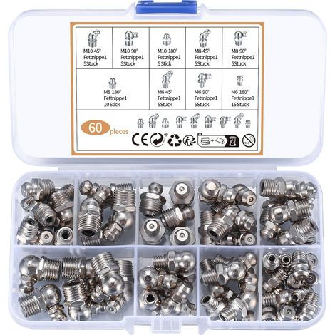 Assortimento di 60 ingrassatori, ingrassatori filettati, ingrassatori M6 M8 M10, ingrassatori con filettatura maschio, ingrassatori dritti/a 45°/a 90° per apparecchiature meccaniche, ingrassatori a vi (1/5)