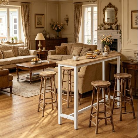 Table de bar haute rectangulaire en MDF et métal, plateau blanc et bois clair, pieds réglables, idéale pour cuisine, bistrot, café et salon - CHICFURN (1/5)