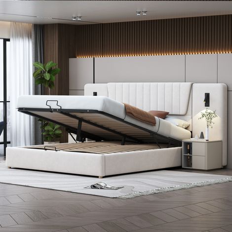 Lit double 180x200cm en velours beige, tête de lit longue avec lampe orientable, prise USB et coffre hydraulique de rangement