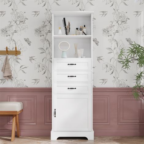 Meuble de Salle de Bain 56 x 25.6 x 167 cm - Armoire Colonne Rangement avec Tiroirs Étagères et Pieds Élevés - Blanc (1/5)