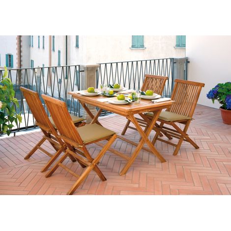 Set tavolo e sedie da giardino in legno teak con cuscini 4 posti con struttura pieghevole (1/5)