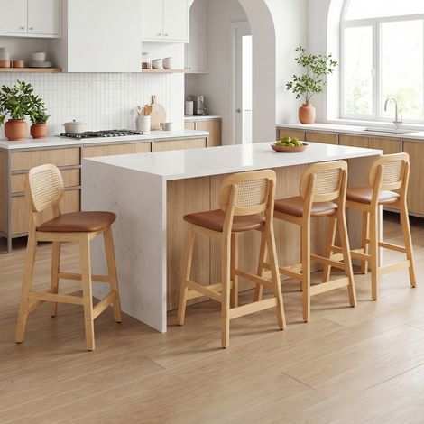 Wahson Tabouret de Bar Lot de 4 en Bois, Chaise de Bar Hauteur 65cm Chaise Haute Cuisine pour Bistrot, Couleur Naturel