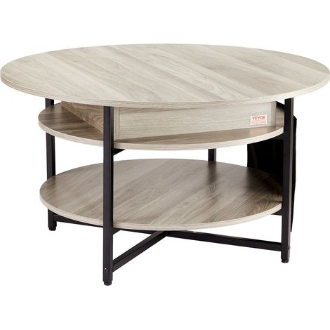 Table basse relevable ronde de 90 cm avec poches de rangement supplémentaires, idéale pour le salon, grise. (1/5)