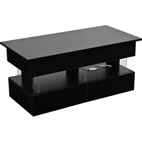 Table basse relevable avec LED, 100 x 50 x 46 cm, MDF et acrylique, 2 tiroirs noirs (1/5)