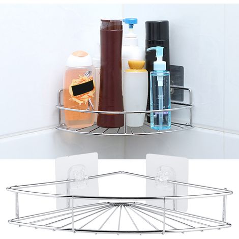 Étagère triangulaire de salle de bain sans perçage, panier en fil d'acier inoxydable, étagère d'angle sans clous, accessoires de salle de bain. (1/4)
