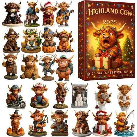 Calendrier de l'Avent  Décoration de fête en acrylique 2D – Calendrier de l'Avent 24 jours avec vaches des Highlands pour Noël 2025 – Pour les tout-petits, les familles, les adolescents et les filles (1/5)