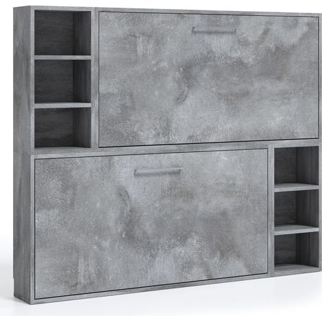 Lit escamotable superposé horizontal 2 couchages 80x190 avec étagères Binka-Coffrage Gris ciment-Façade Gris ciment (1/5)