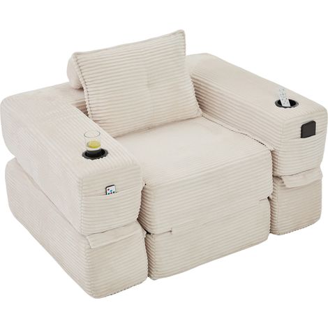 Sofá cama plegable de pana beige con espuma de alta densidad y muelles, 1 plaza (1/5)