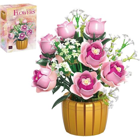 Jeu de construction de roses roses, blocs de construction de bouquet de plantes avec pot de fleurs, décoration de fleurs artificielles à faire soi-même pour la maison, le bureau (1/5)