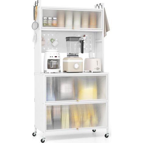 Rangement pratique étagère de cuisine 5 niveaux, meuble micro-ondes avec LED et portes rabattables blanc (1/5)