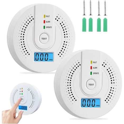 Carbon Monoxide Detector - 9.5 x 3.2cm Ultra Sensitive Fast Response Carbon Monoxide Detector with Digital Display and Audible Alarm, Fire Detector with Test Button and Silence (2 Pack) (1/5)