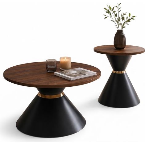 ELVMI Runde Couchtische, 2er Set mit Konischem Metallfuß, für Wohnzimmer Schlafzimmer Büro, Metall und Melamin, Walnuss Schwarz (1/5)