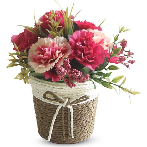 Fleurs Artificielles en Pot, Bonsaïs De Fleurs Artificielles,Mini Plante à Fleurs Artificielles en Plastique avec Pot en Rotin pour La Maison, Fête De Mariage, Décoration De Bureau (Rouge)