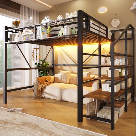 Letto a soppalco 251.5x163x170 cm, mensola a gradini, LED, MDF e metallo, nero (1/5)