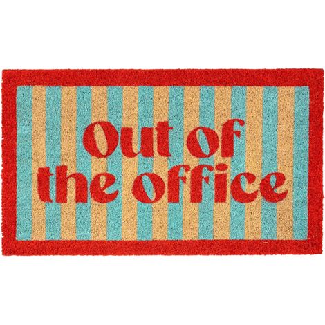 Fisura – Zerbino ingresso casa “Out of the office” in cocco con base antiscivolo in PVC, tappeto rosso e blu dipinto a mano, zerbino divertente per l’ingresso casa, 70 x 40 cm (1/5)