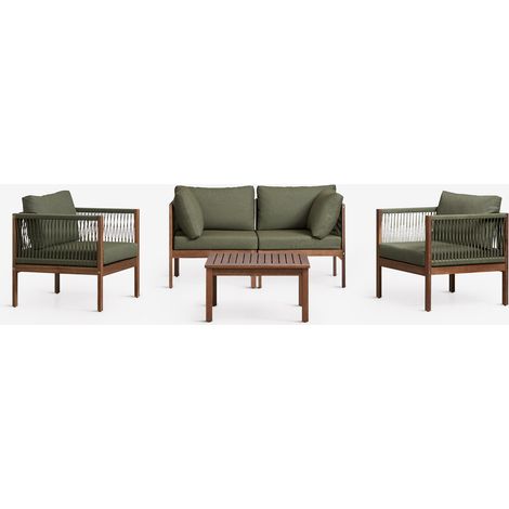 SKLUM Wohnzimmerset mit 2-teiligem Modulsofa mit Armlehnen, 2 Sesseln und Couchtisch aus Branson-Akazienholz Tiefes Grün Olive Akazienbraun dunkel (1/5)