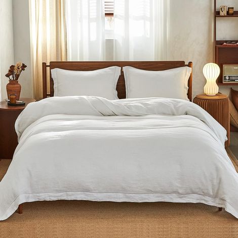 Housse de Couette 260x220cm avec 2 Taie d'oreiller 50x75 cm,100% Lin,Parure de Lit Adulte avec Broderie, Housse de Couette 2 Personne,avec Fermeture Boutonnée,Vert (1/5)
