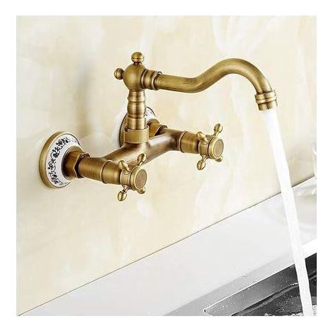 Robinet de cuisine Mur Robinet lavabo vintage avec céramique en laiton avec eau froide et chaude mélangeur d'évier antique (ancien) (1/4)