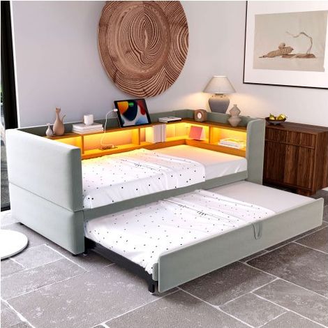 Lit gigogne - SOGEU - 90/180x190 cm - Velours gris clair - Tête de lit LED et prises USB - Étagères intégrées (1/5)