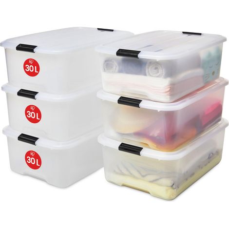 Boite Rangement Plastique avec Couvercle, 30L, Lot de 6, Transparent, Clips de Fermeture, Poignées, Empilable, Portable, Solide (1/5)
