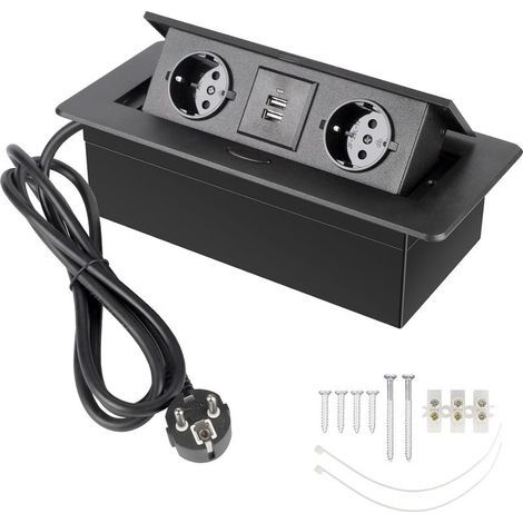 Prise Encastrable Plan de Travail Noir, Multiprise Plan de Travail Cuisine avec 2 Prises + 2USB/Connecteur/1,8M Câble (1/5)