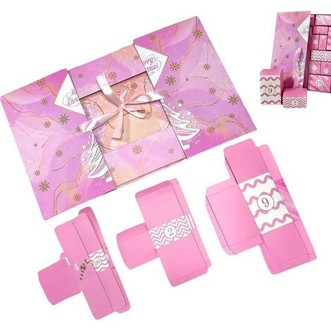 Boîte calendrier de l'Avent rose à 24 compartiments vides et réutilisables, idéale pour les fêtes (anniversaire, mariage, cadeaux pour adultes, amis et famille). (1/5)