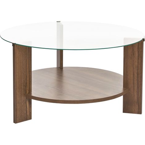 Table basse ronde effet Noyer et verre Ø75 cm - Elora