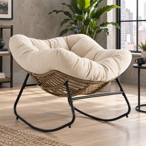 Poltrona a dondolo in ciniglia beige, struttura in metallo, portata max 158 kg OKMYHOME (1/5)
