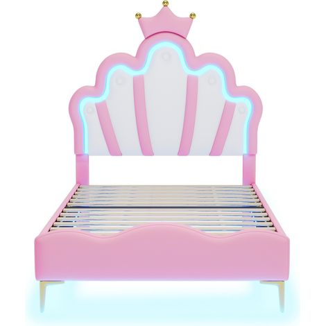 Cama 90 x 200 cm rosa de MDF con revestimiento de PU, cabecero corona y LED integrados (1/5)