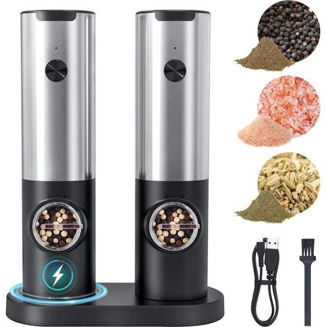 Ensemble électrique de moulins à sel et à poivre, rechargeable par USB-C, capacité de 70 ml, en acier inoxydable, 5 niveaux de grossièreté réglables, broyeur en céramique, lumière LED (1/5)