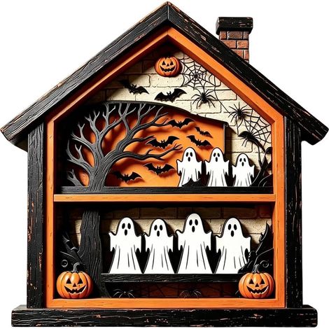 Maison Hantée En Bois Halloween Statue Décorative de Fantôme en Bois Ornements Maison Halloween Pour Fête D'Automne Et De La Récolte Maison Table Porche Porte D'Entrée Extérieur Ferme (1/5)