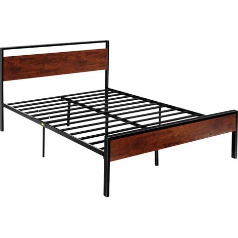 Cadre de Lit Queen Size, Sommier Plateforme en Métal Noir, Espace de 31 cm, avec Tête et Pied en Bois Brun Rétro, Grand Espace de Rangement sous le Lit, Antidérapant et Silencieux, Chambre (1/5)
