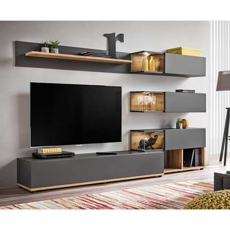 Wohnwand 240cm breit, anthrazit mit Eiche, SAPRI-164 (1/5)