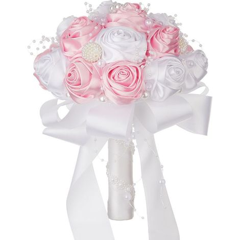 [Rose + Blanc] Bouquet de mariée haut de gamme pour les mariées, les demoiselles d'honneur, bouquet de roses et de perles, bouquet rose, accessoire photo. (1/3)